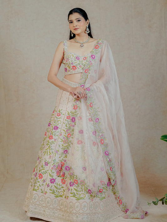 She is Bloom – Pink Floral Embroidered Raw Silk Lehenga Set